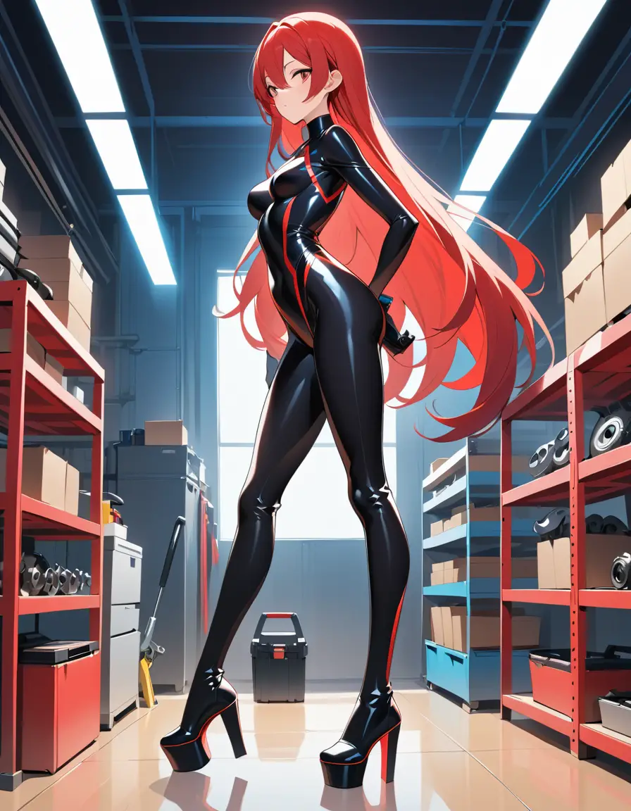 Crouching woman in rainbow boots in automotive workshop