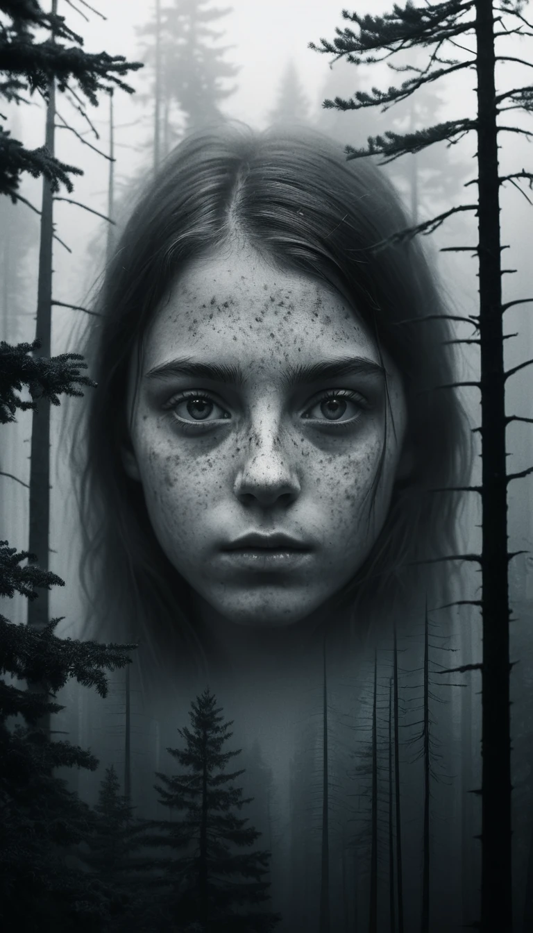 Double exposure portrait of a girl with misty forest