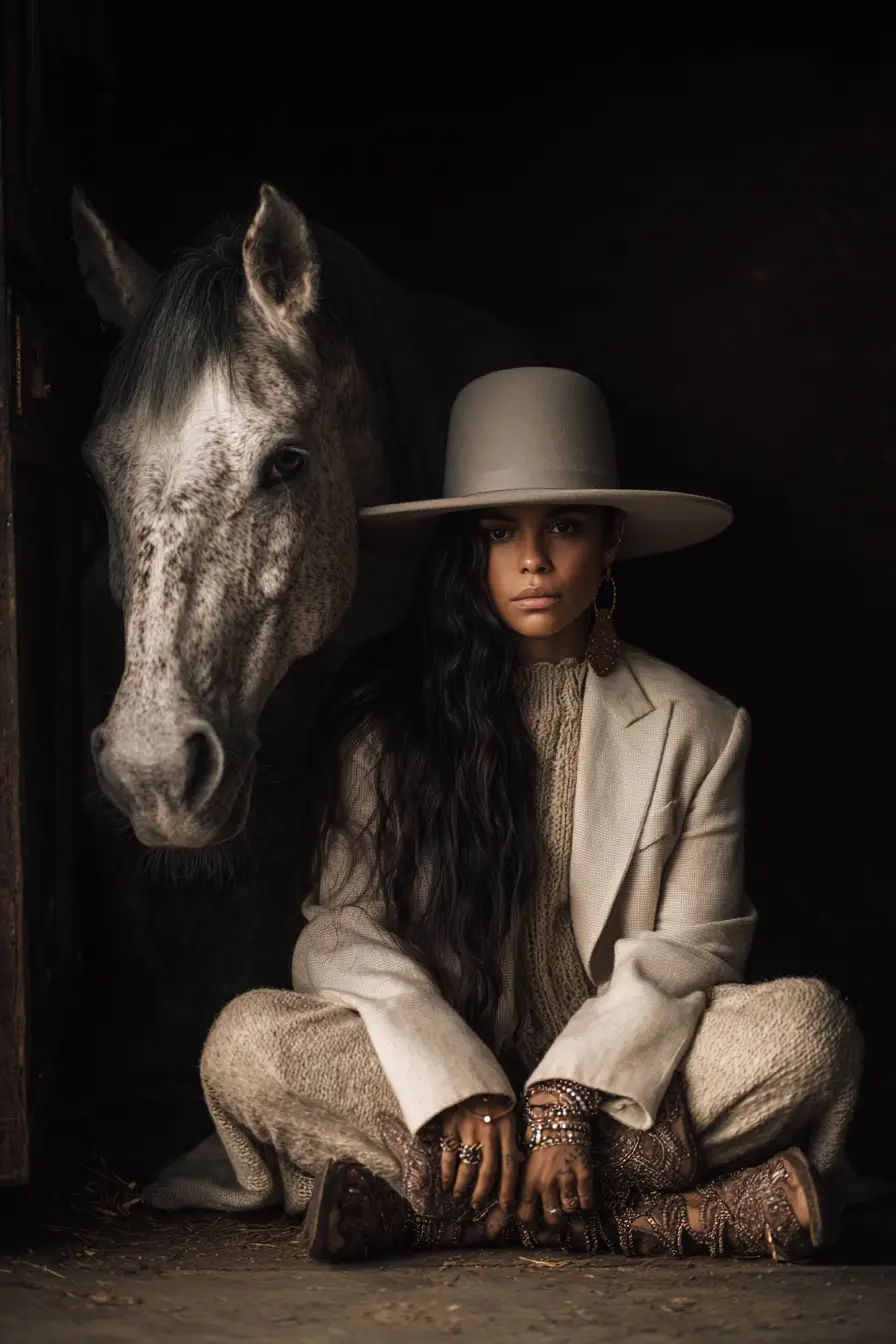 Young woman with horse in dramatic stable portrait