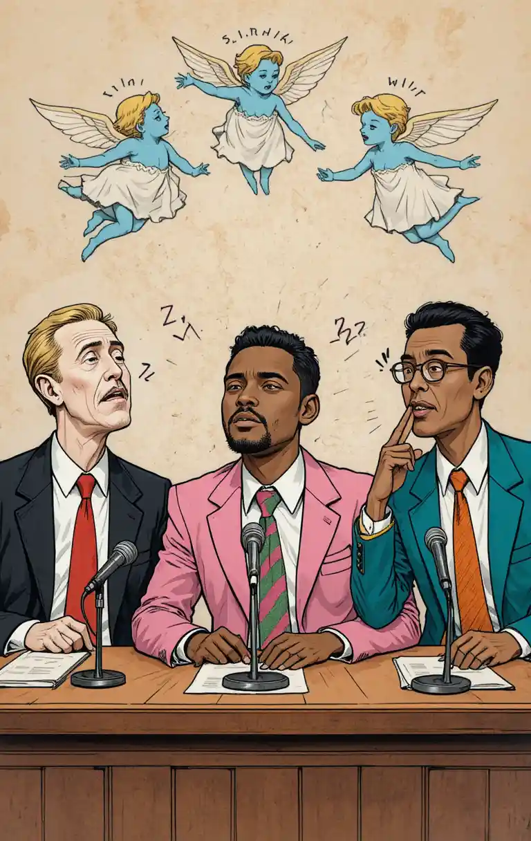 Comic style political panel with sleeping and shushing speakers