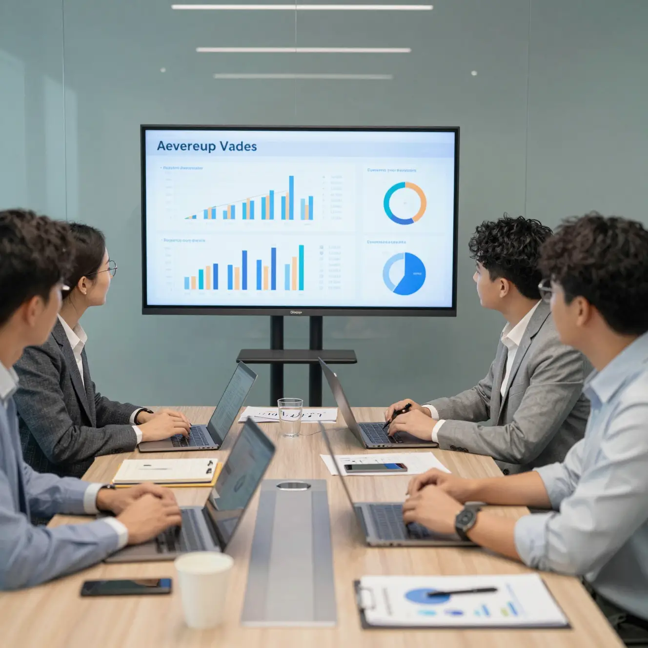 Business team meeting in a modern glass conference room