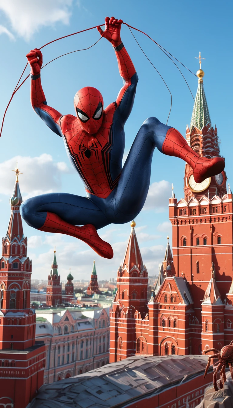Superhero swinging above Moscow city square with chocolate bar