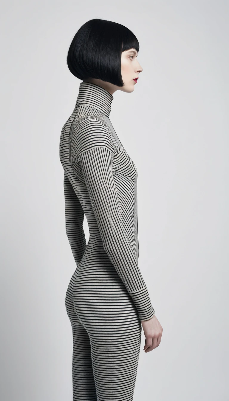 Monochrome woman in striped bodysuit side profile fashion portrait
