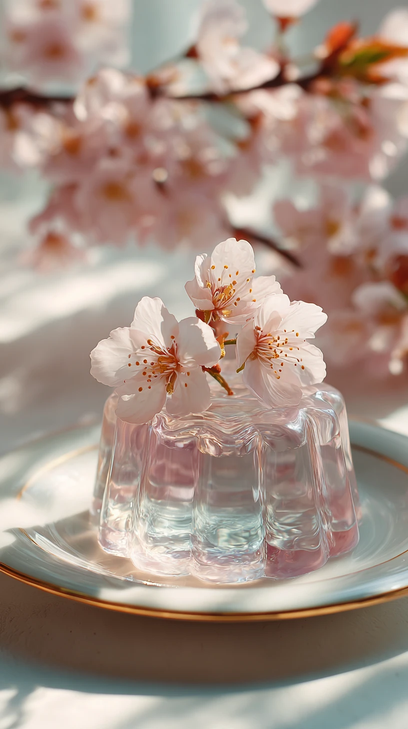 Postre de gelatina de flor de cerezo a contraluz de primavera en primer plano