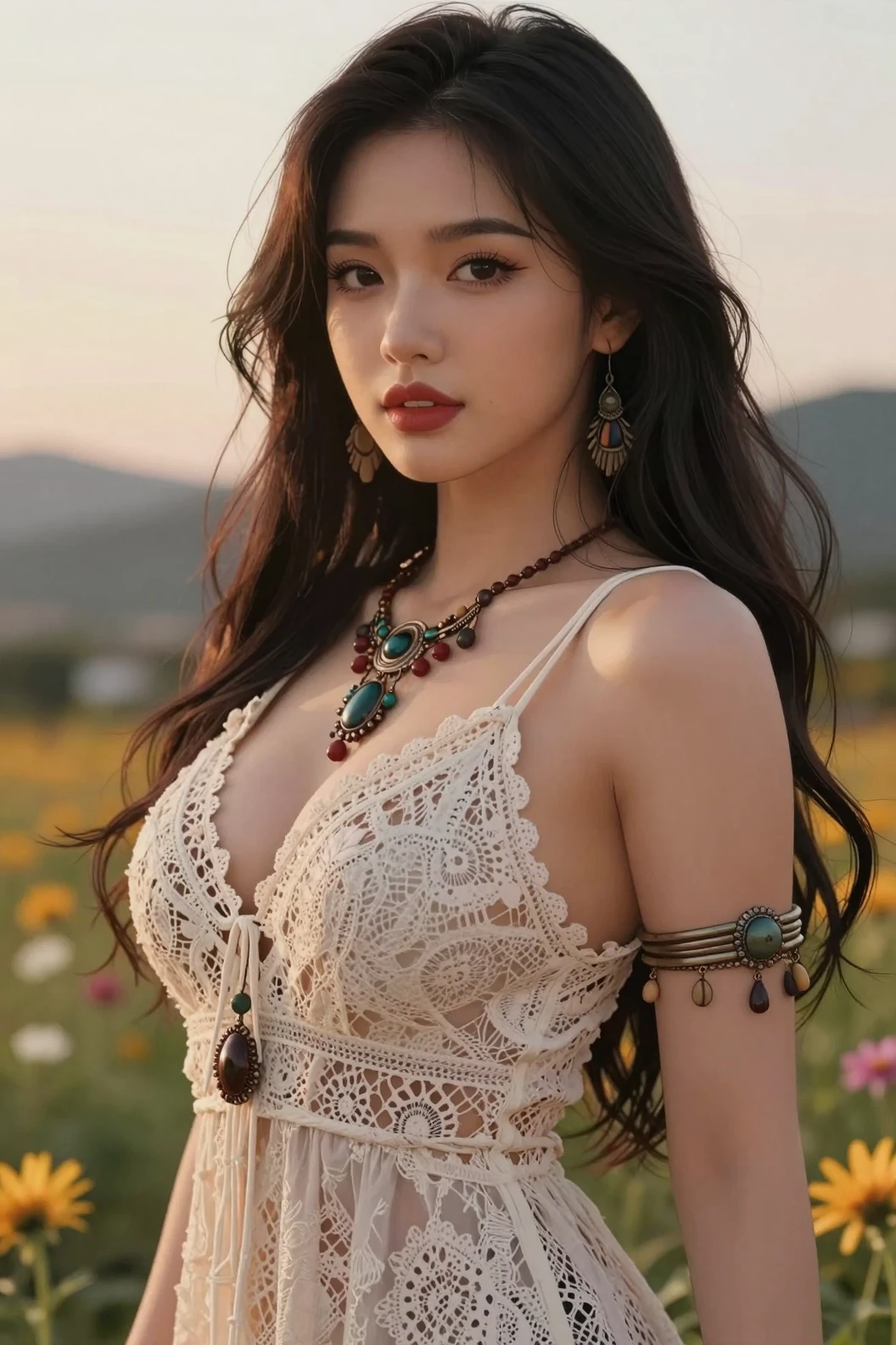 夕陽山坡上的長髮波希風動漫女子
