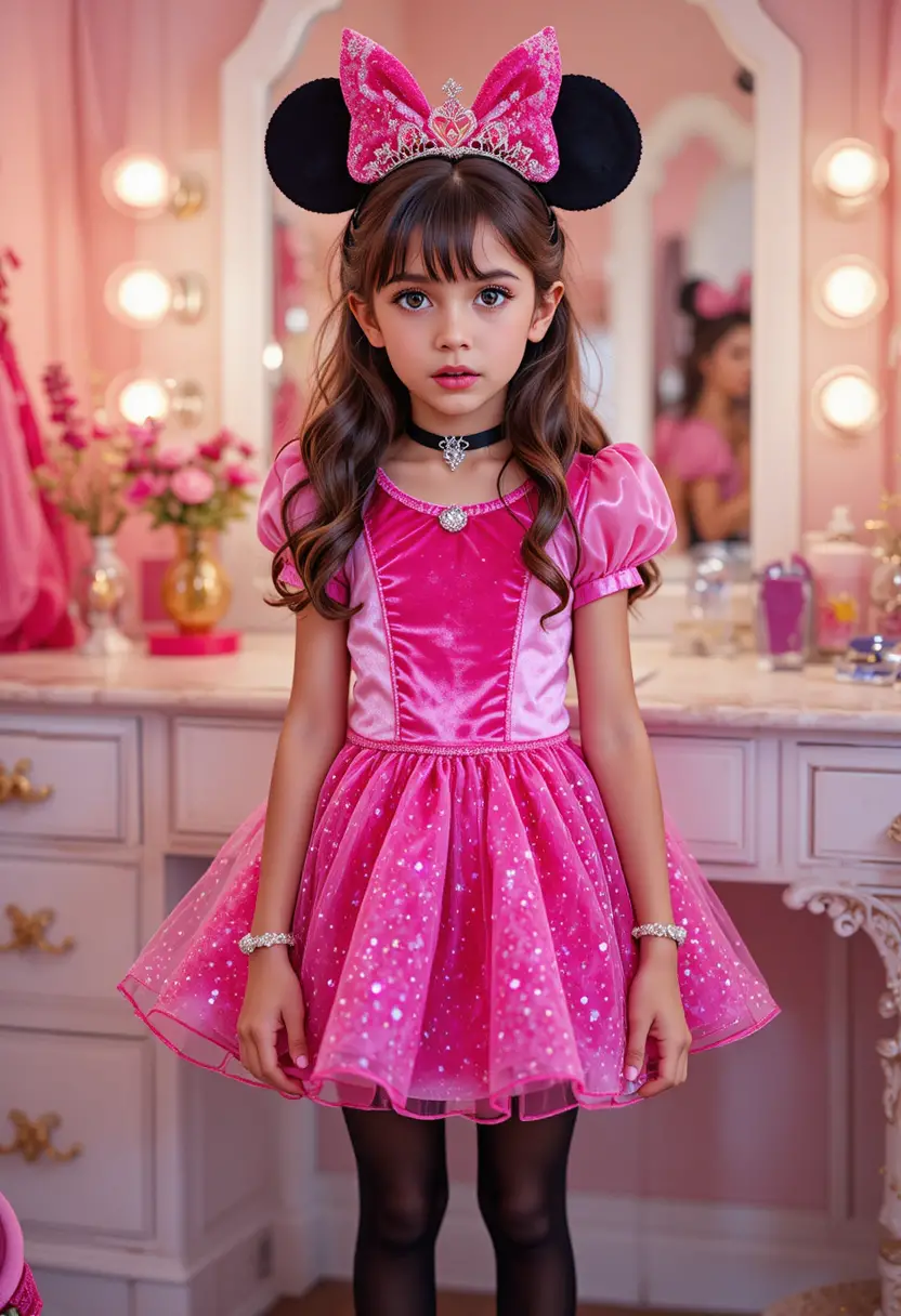 Garçon hispanique préadolescent en costume de princesse devant la coiffeuse