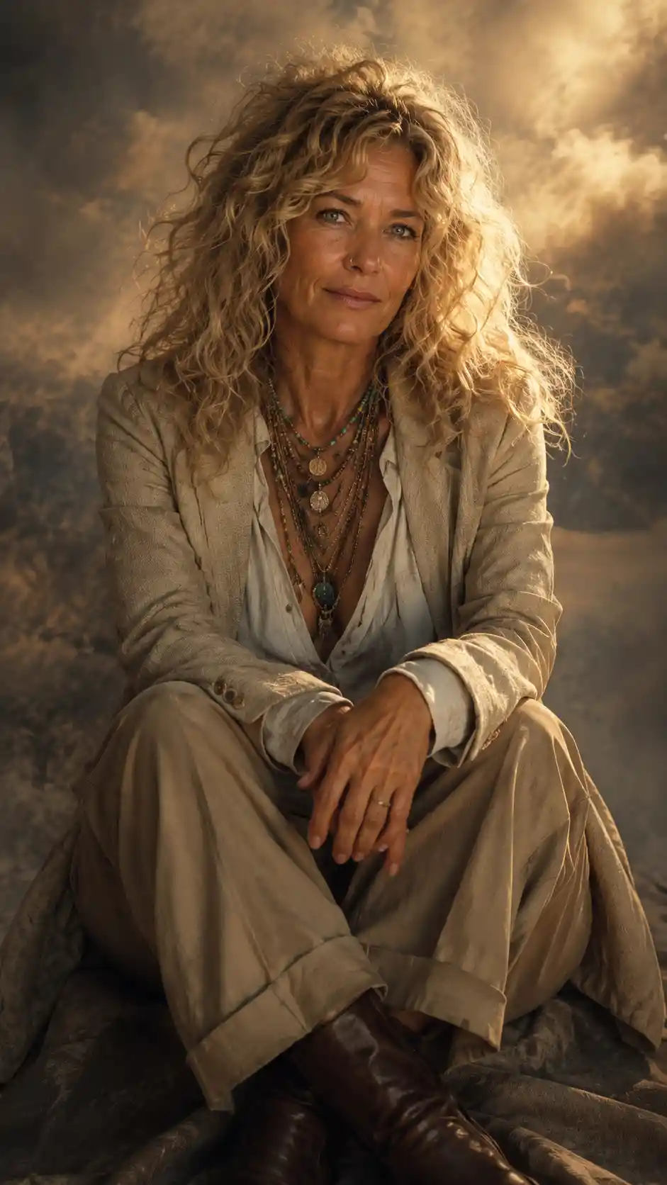 Thoughtful woman in layered tan outfit with soft golden light