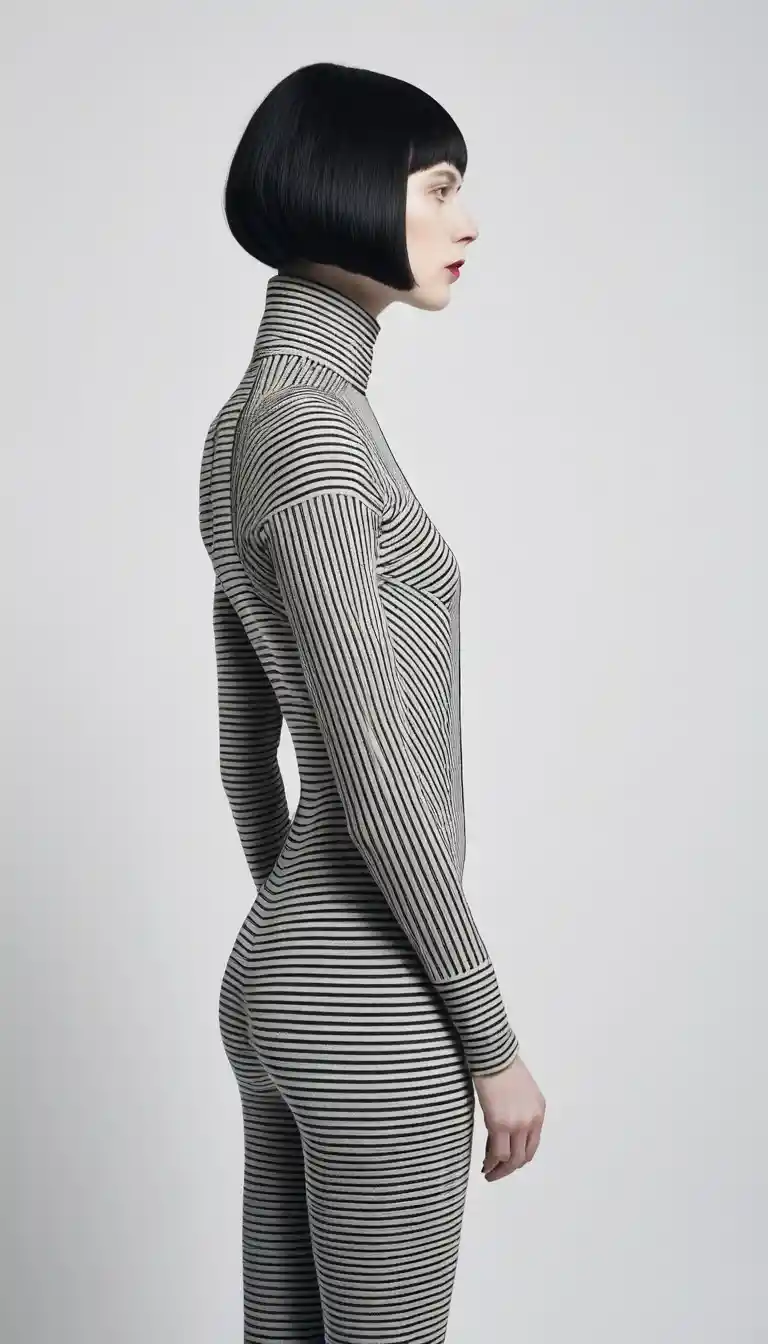 Femme monochrome en body rayé de profil – portrait de mode