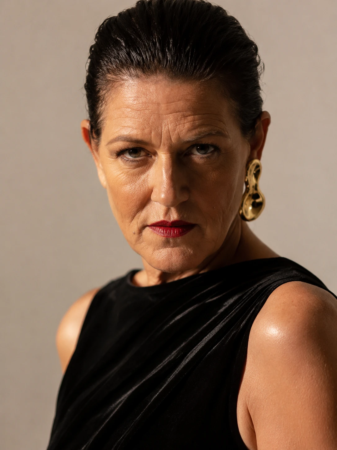 Elegant woman in black velvet gown with gold earring