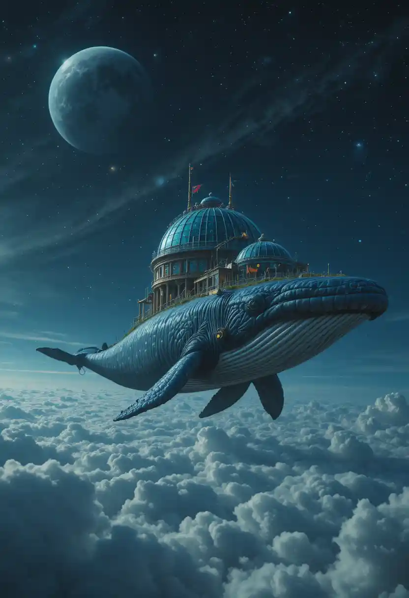 Astronomical observatory on a flying whale above night clouds