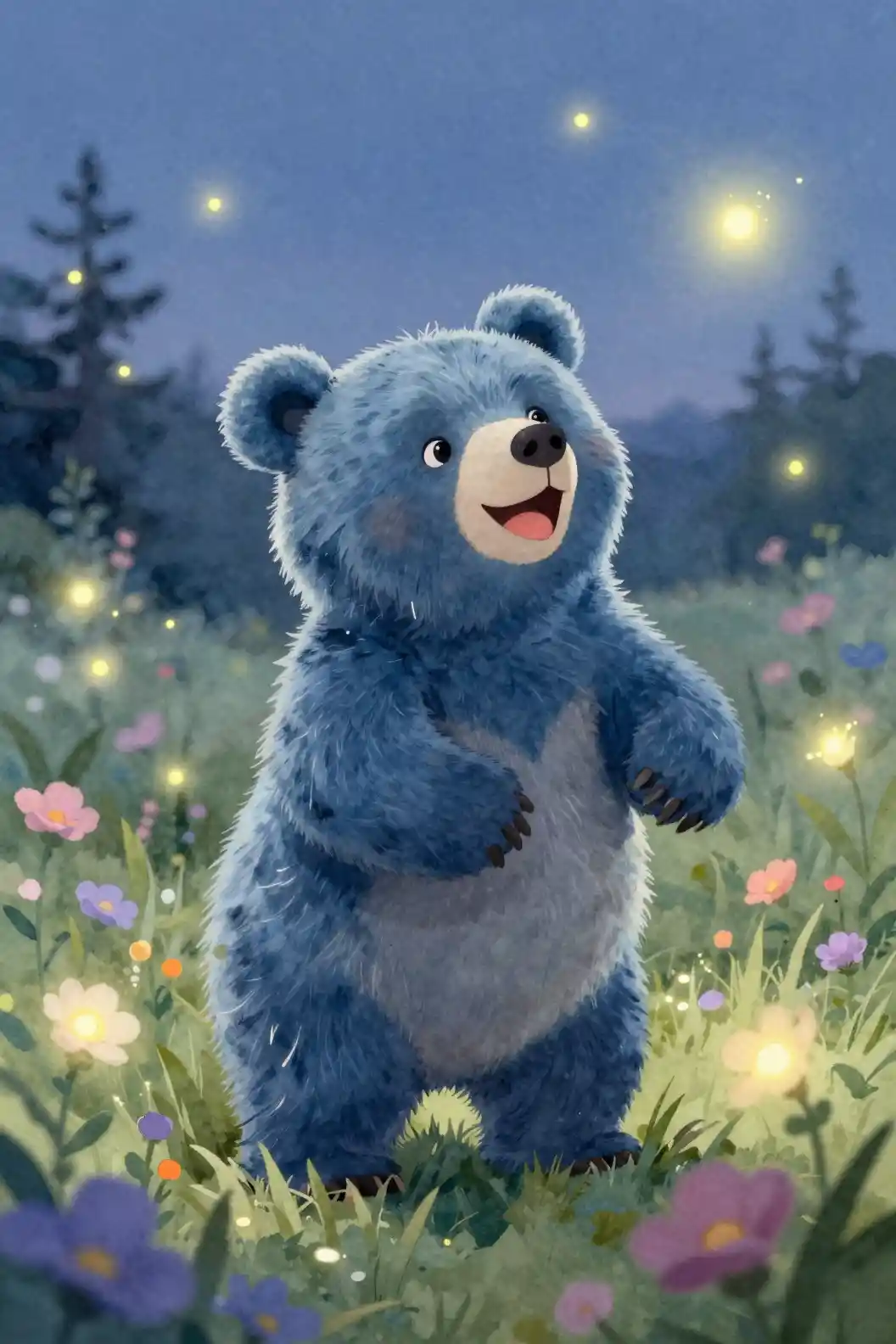 Cucciolo di orso blu gioioso in un prato di fiori fantasy luminoso