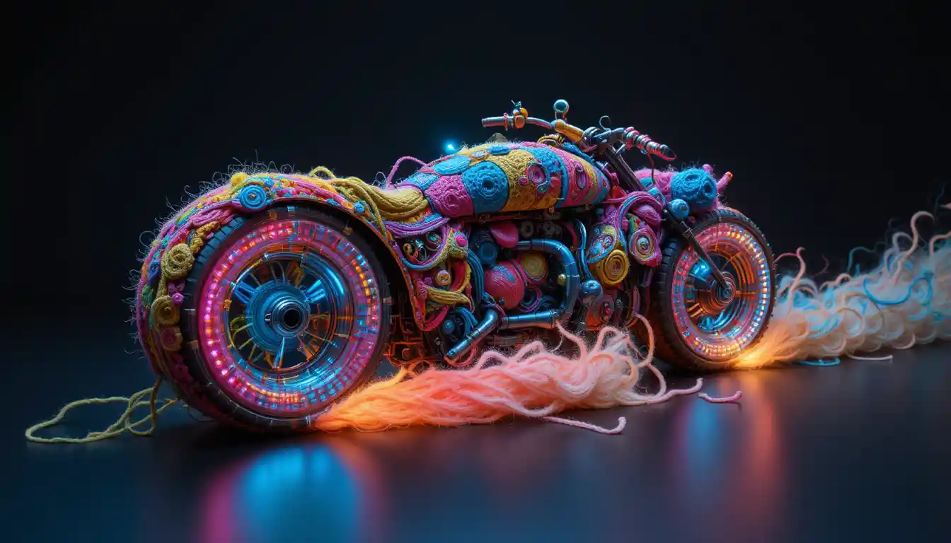 Futuristisches Garn-Motorrad mit leuchtenden Neon-Faserstreifen
