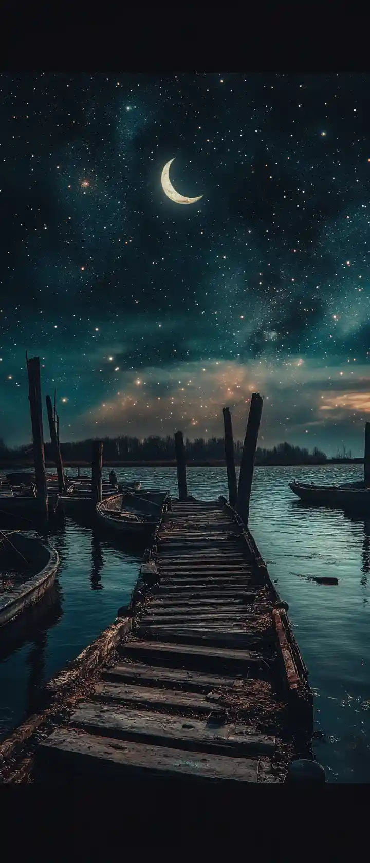 Verlassener Pier an einem mondbeschienenen Hafen unter Sternenhimmel