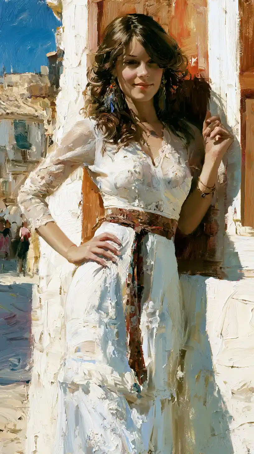 Young hippie girl posing in bright mediterranean sunlight