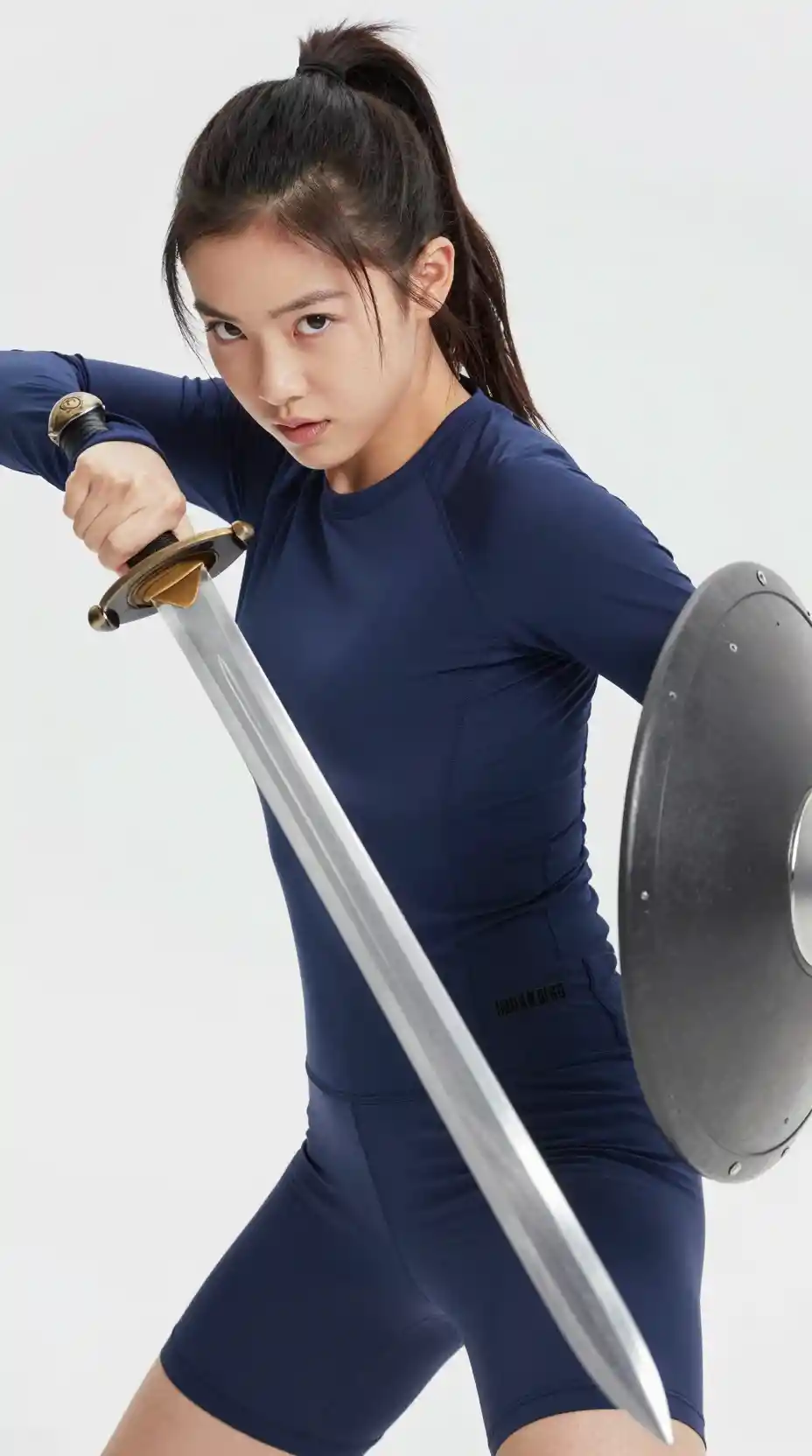 Warrior woman with sword and shield in close up pose