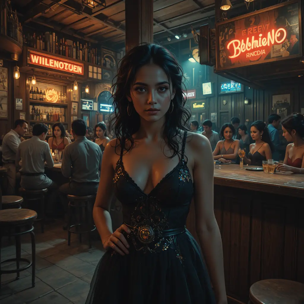 Young girl working quietly in a dim bar
