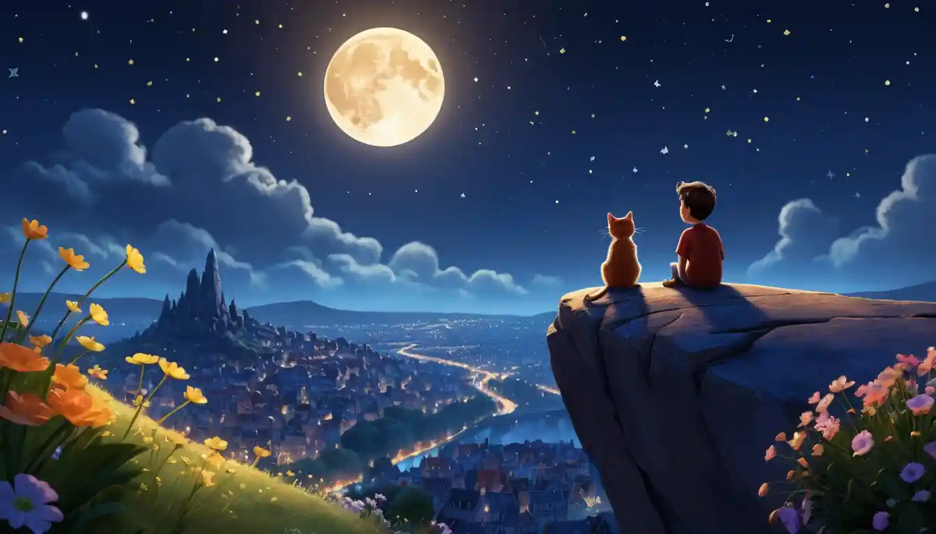 Child and cat on a rock under a glowing full moon
