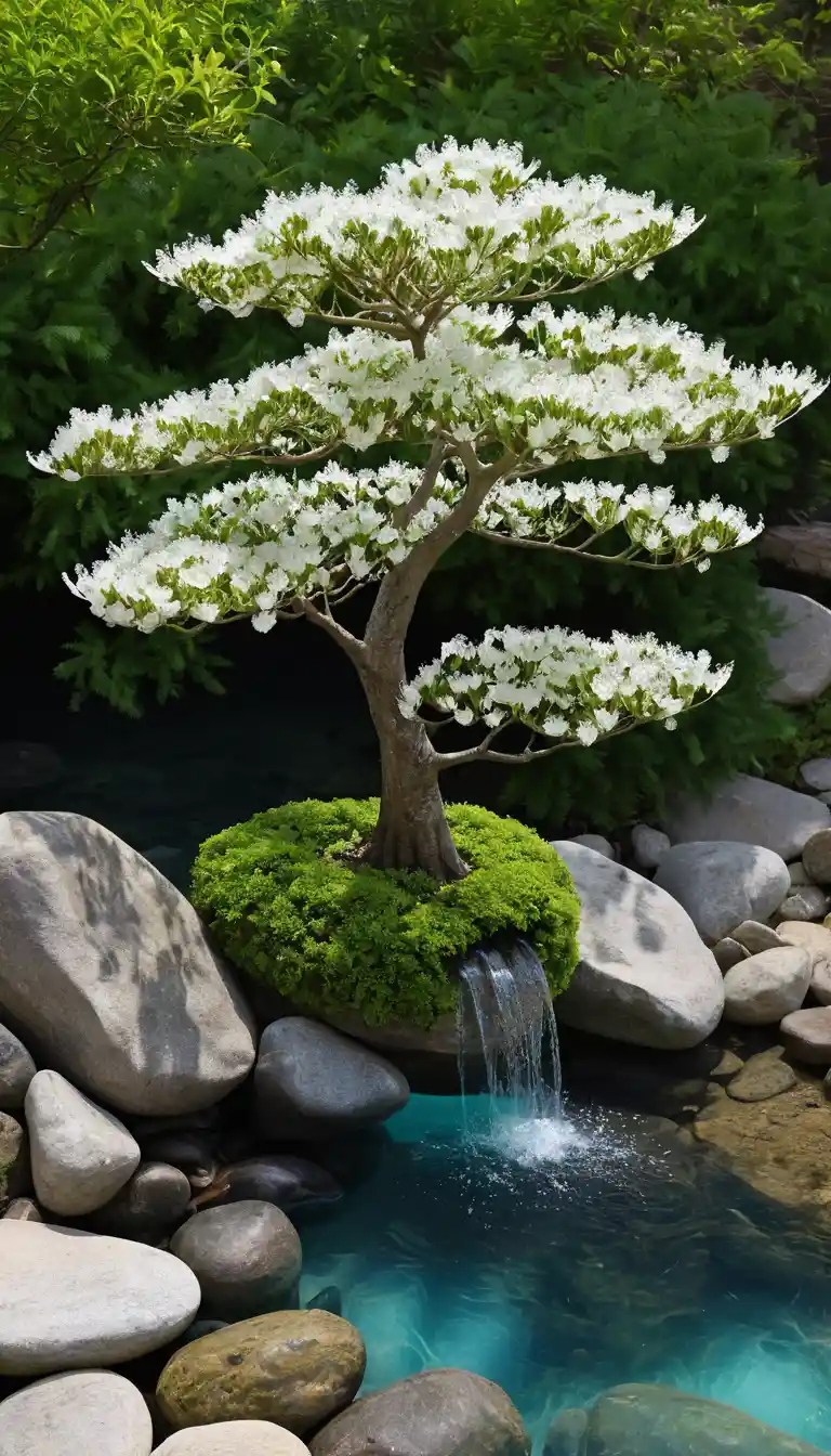 碧綠清澈溪流旁的盛開花樹