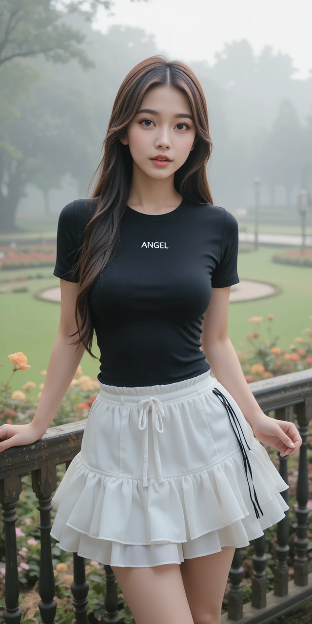 黑色T恤白色裙裝的年輕女子站在薄霧瀰漫的公園中