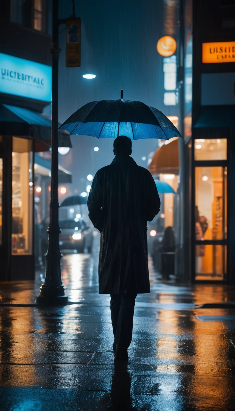 Lone figure under umbrella on rainy night city street
