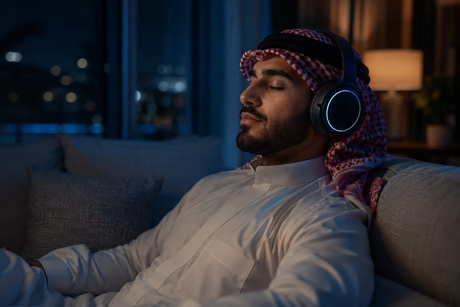 Middle Eastern man relaxing with headphones on sofa at night