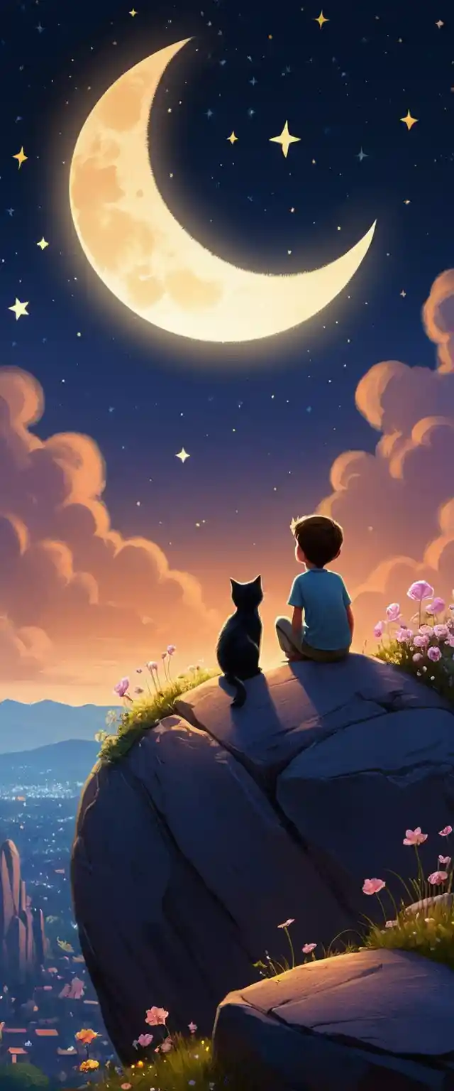 Kind und Katze auf einem Felsen unter einem leuchtenden Mond