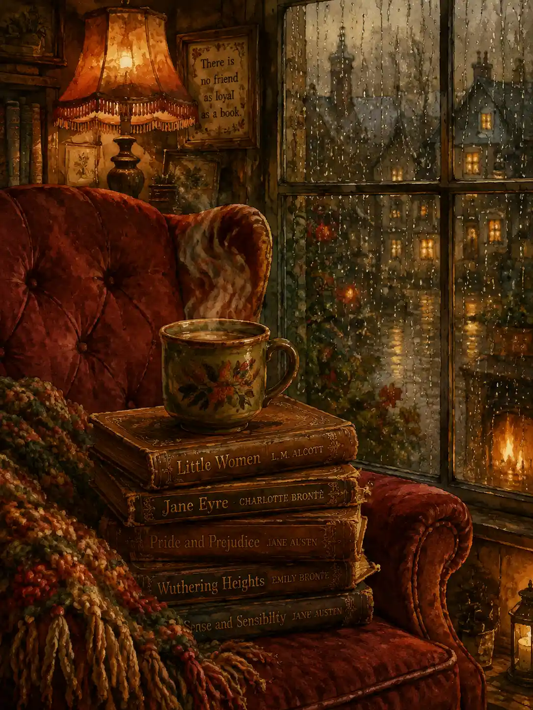 Cozy armchair by a rainy window with warm lamplight