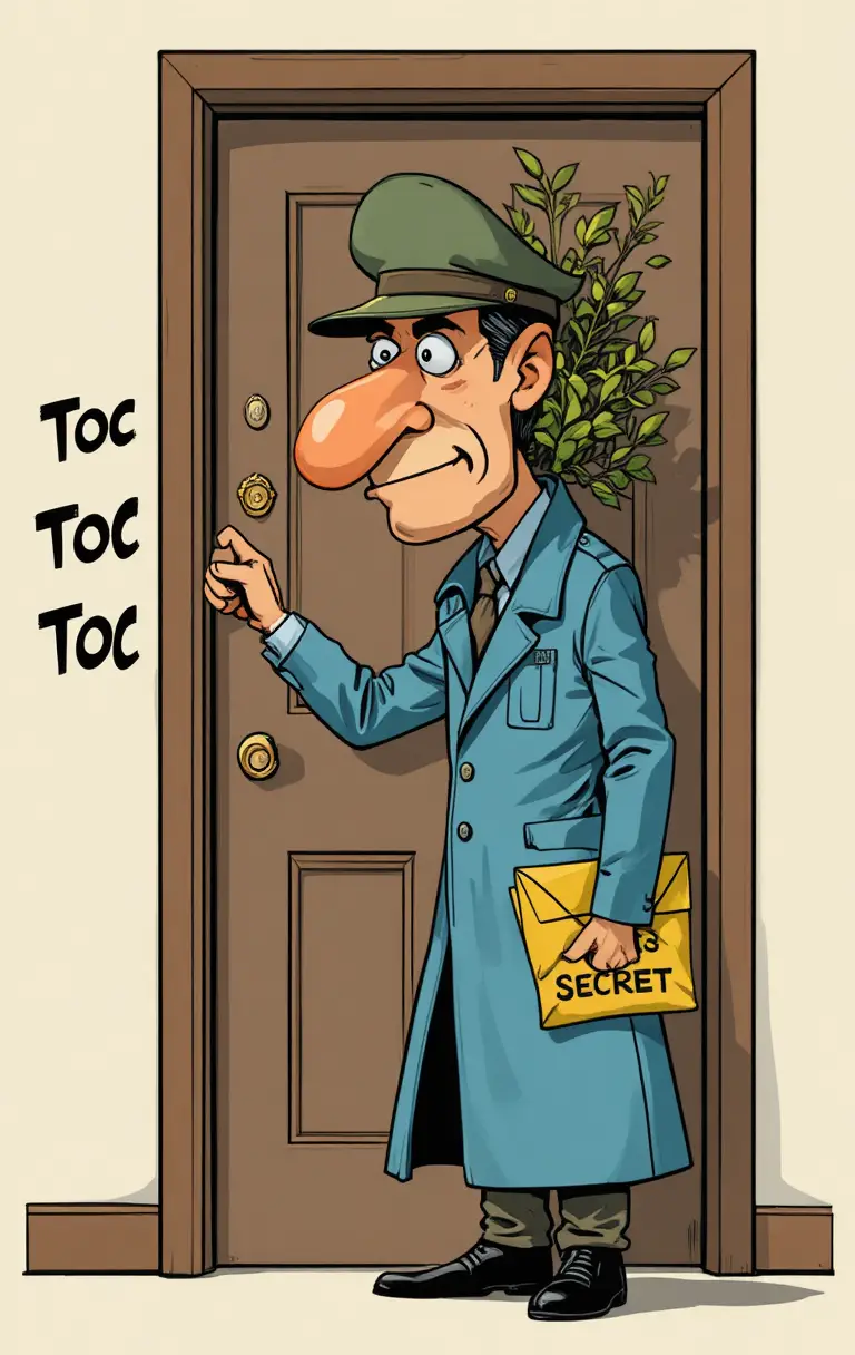 Cartoon spy with top secret envelope knocking on door