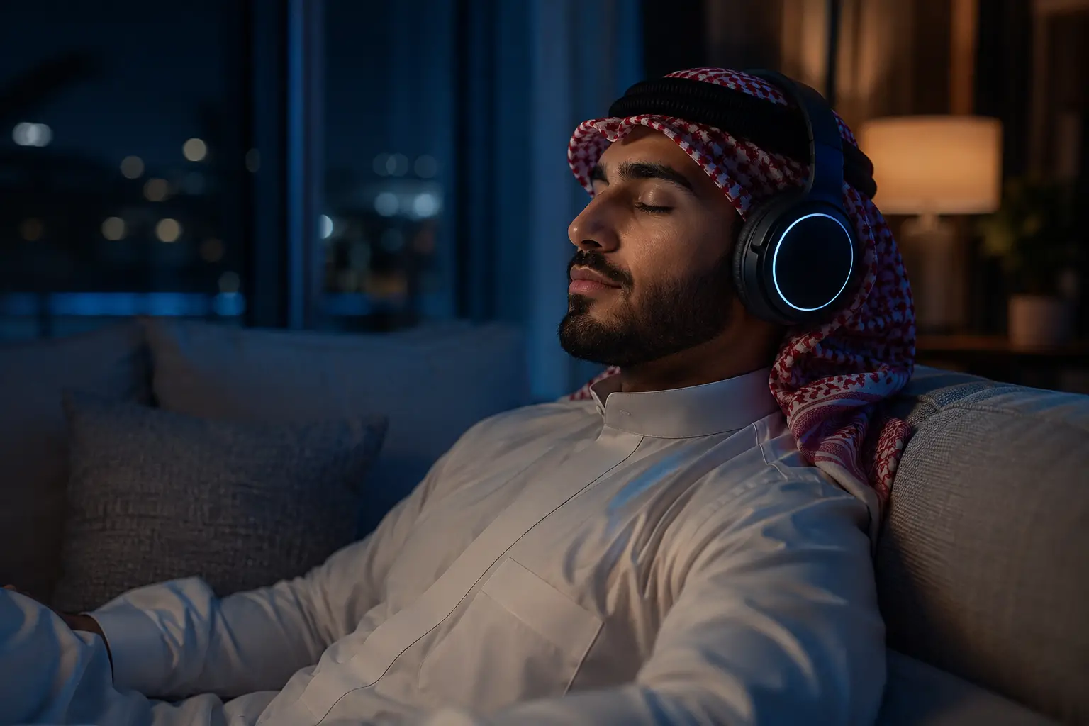 Middle Eastern man relaxing with headphones on sofa at night