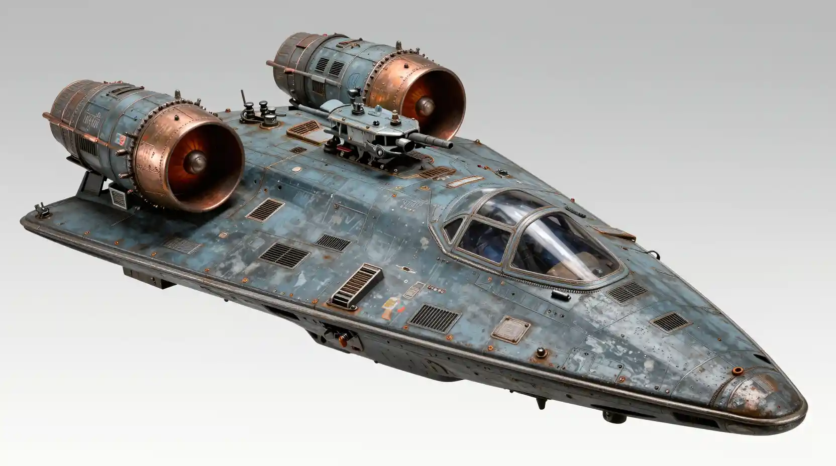 Weathered miniature spacecraft model with industrial engines