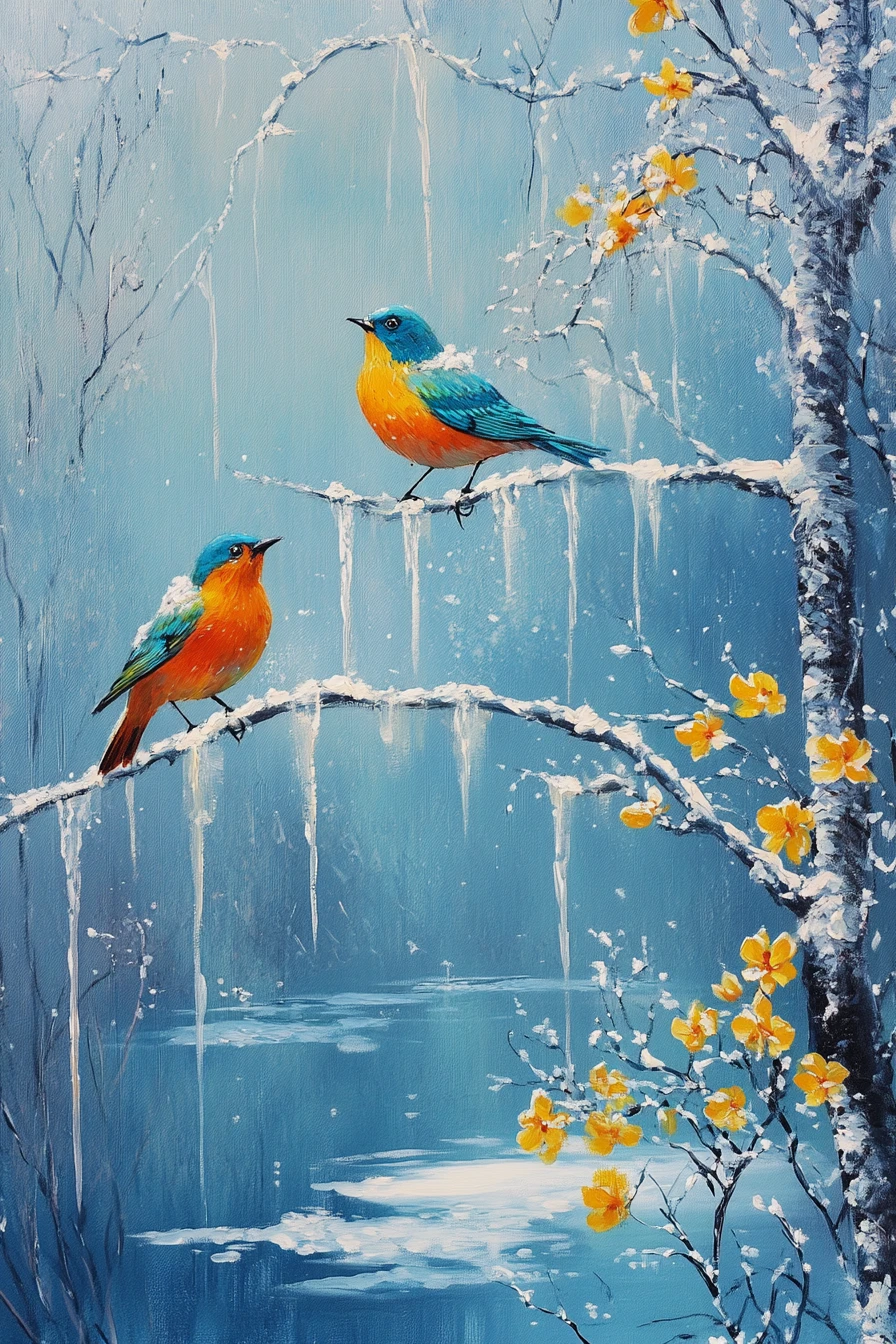 寧靜冬日湖上雪樹上的繽紛彩鳥