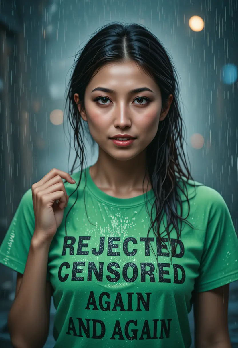 突如大雨中站著的憤怒女子，身穿濕透的綠色T恤