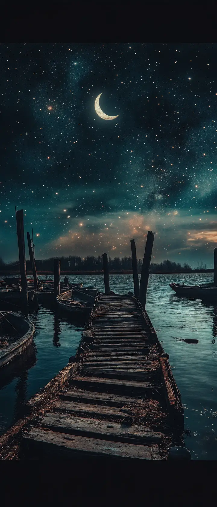 星空下月光海灣旁的荒廢碼頭
