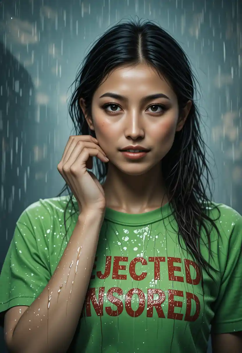 突如大雨中站立的濕透綠色 T 恤年輕女子