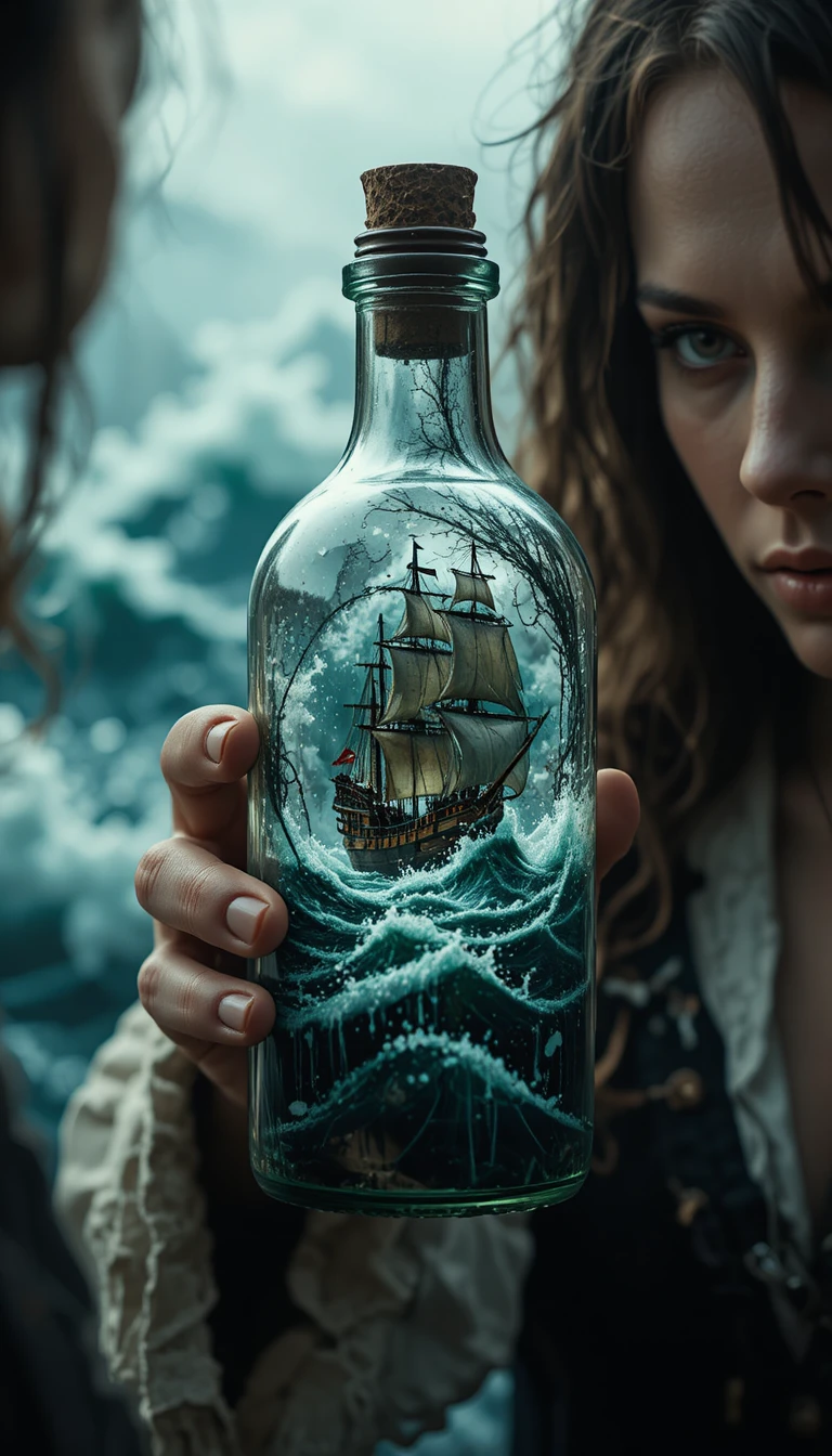 凝視瓶中暴風雨船隻的女海盜