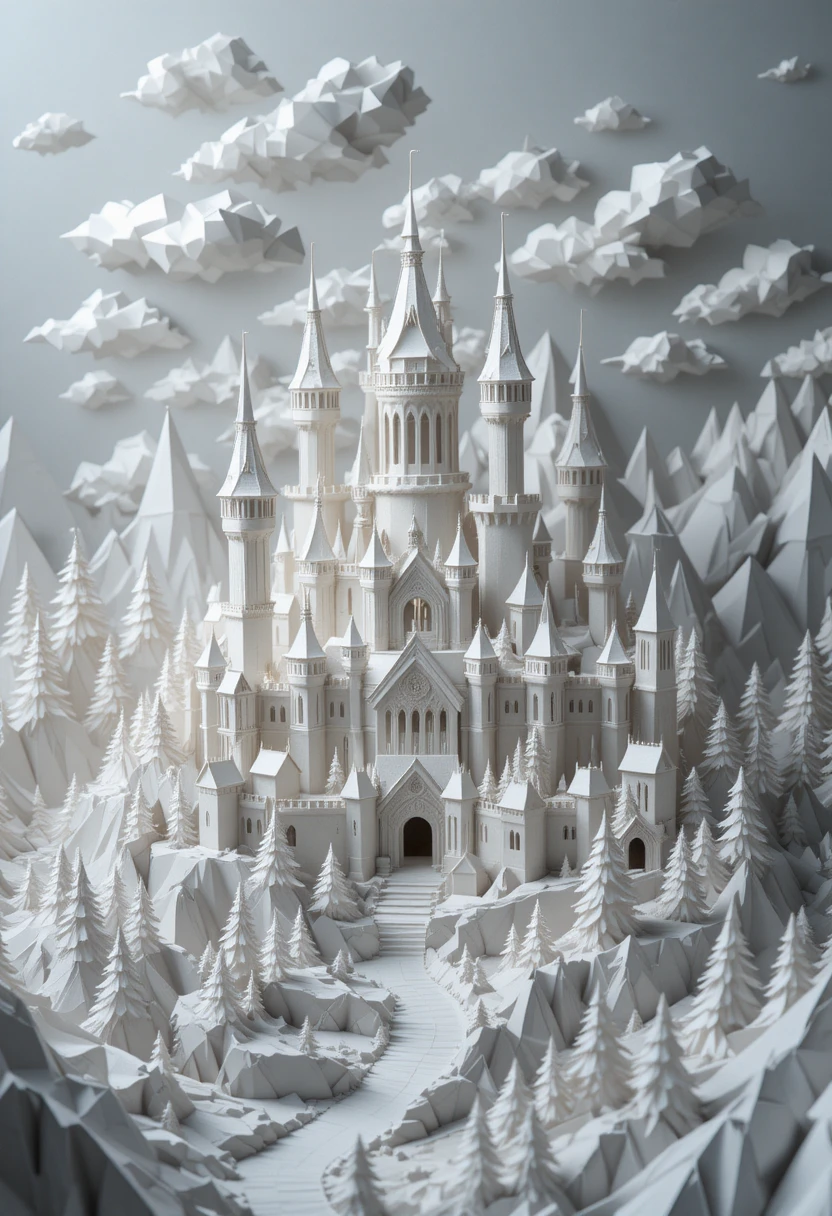 Origami medieval kingdom with castles dragons and mountains