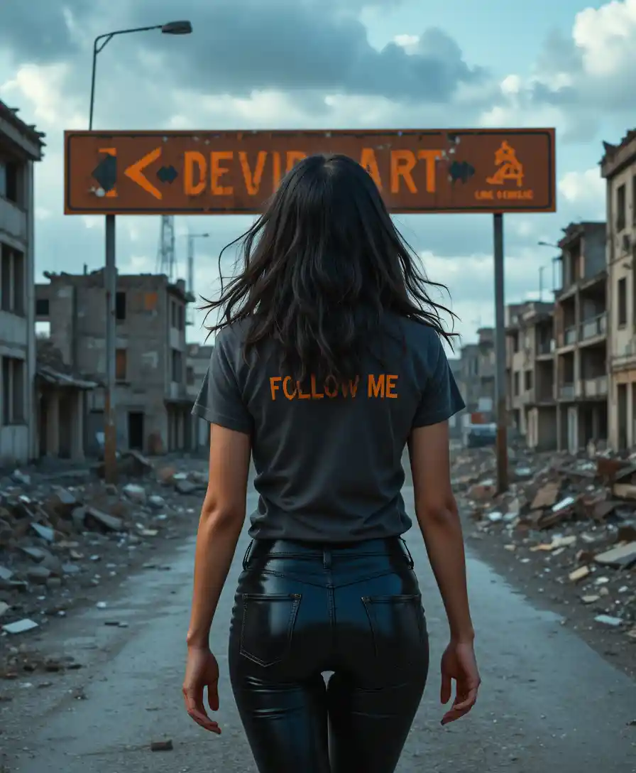 Woman walking away in ruined city toward a lone road sign