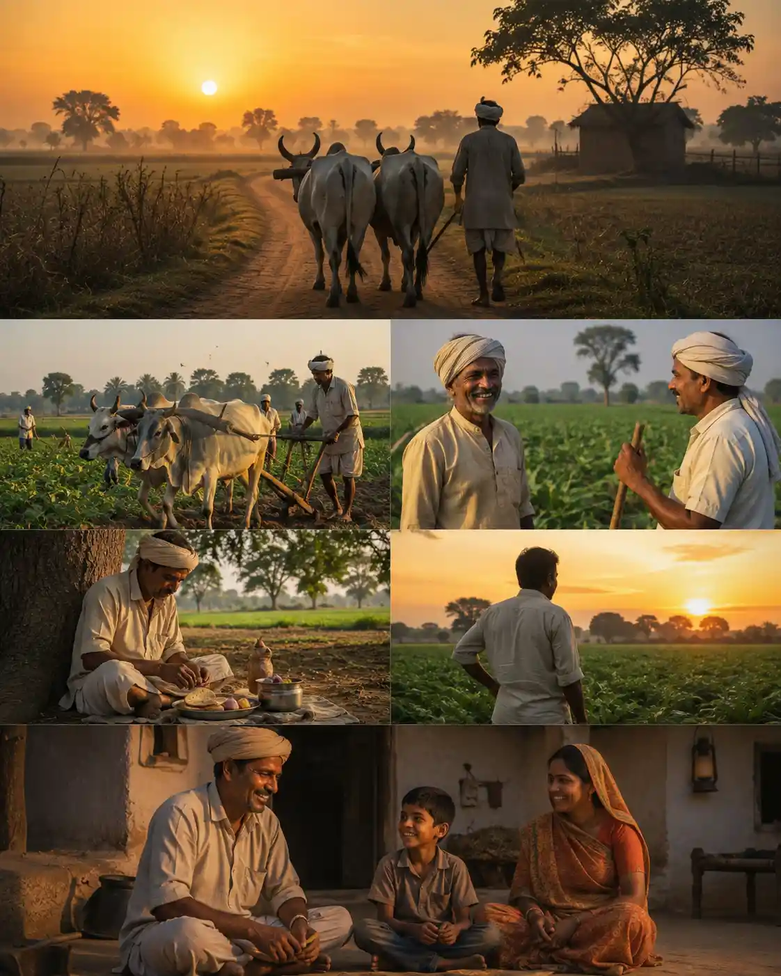 Indian farmer walking with oxen at rural sunrise field