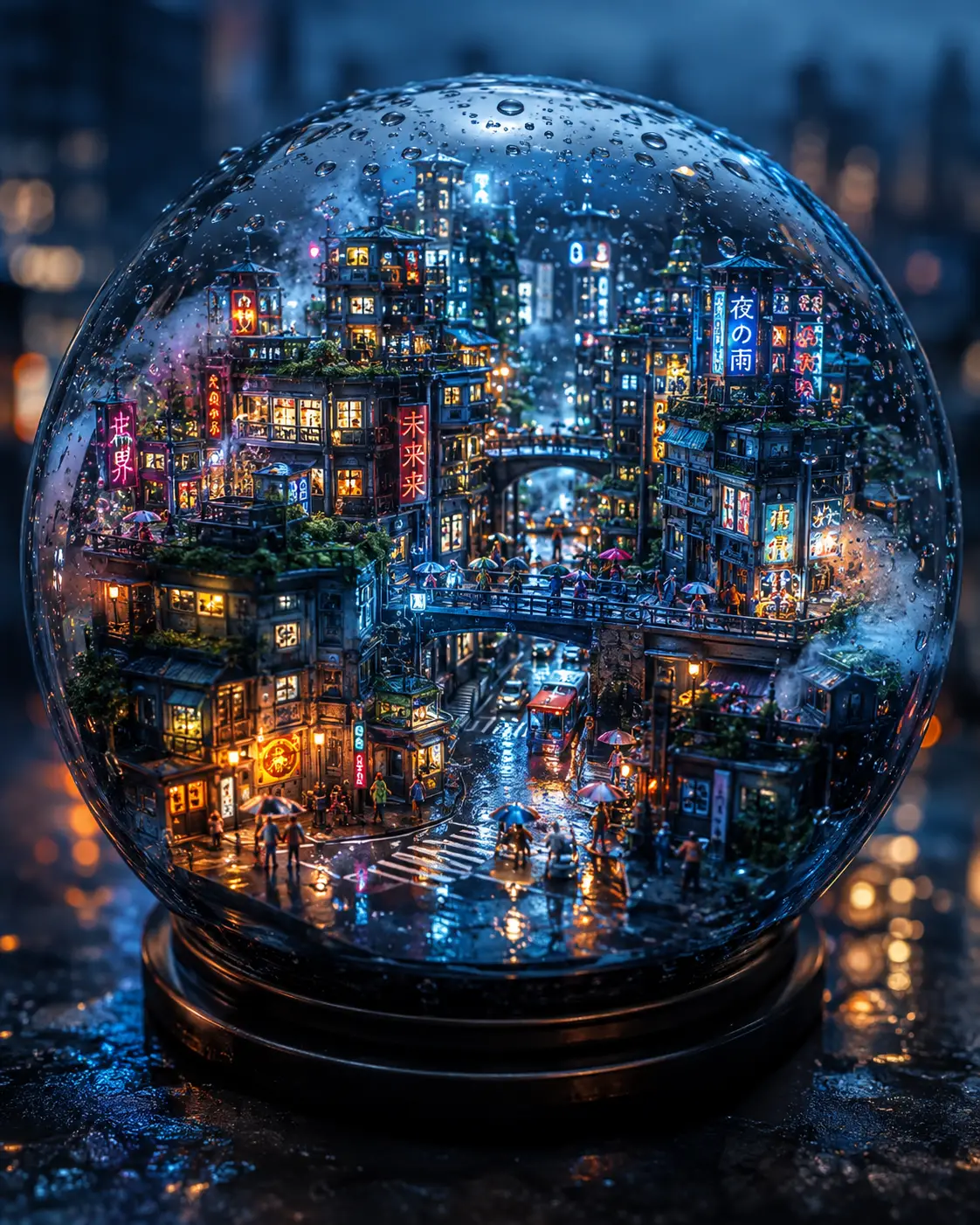封存在透明玻璃球中的迷你賽博龐克城市
