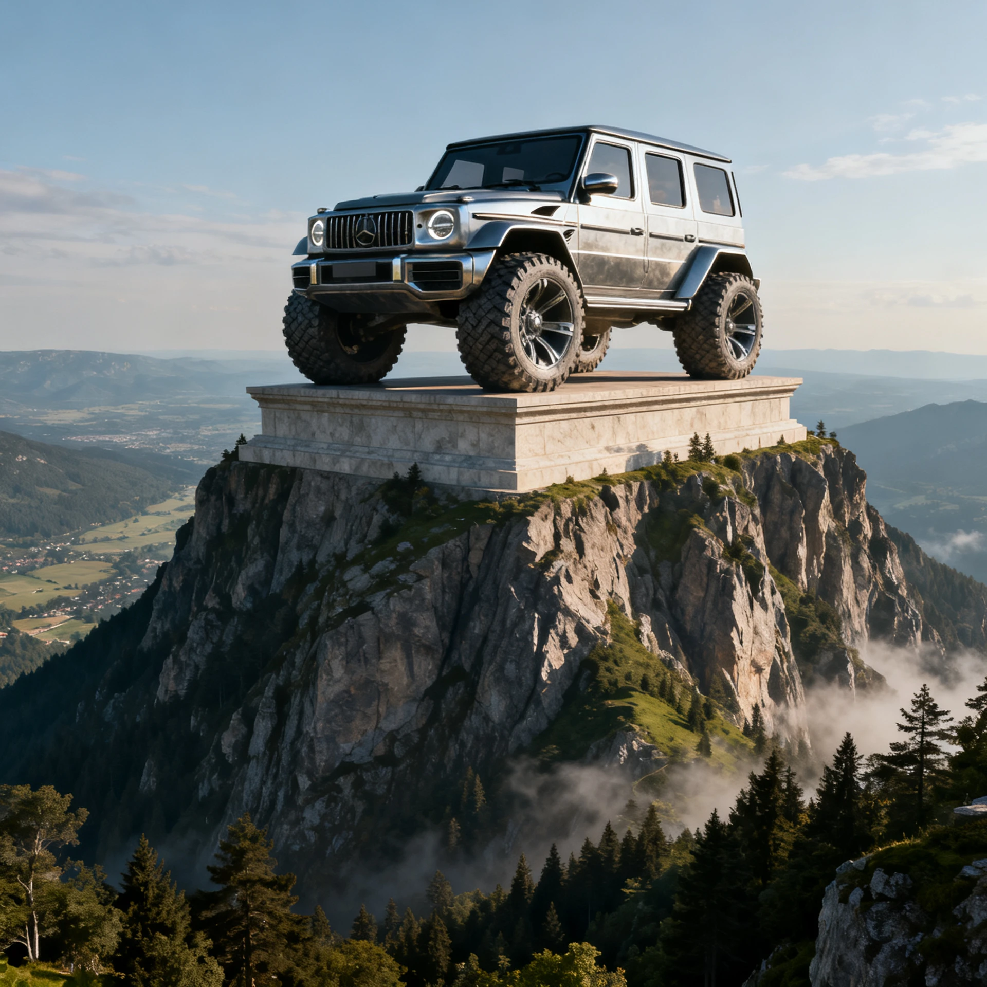 Futuristic off road car monument atop a natural mountain peak