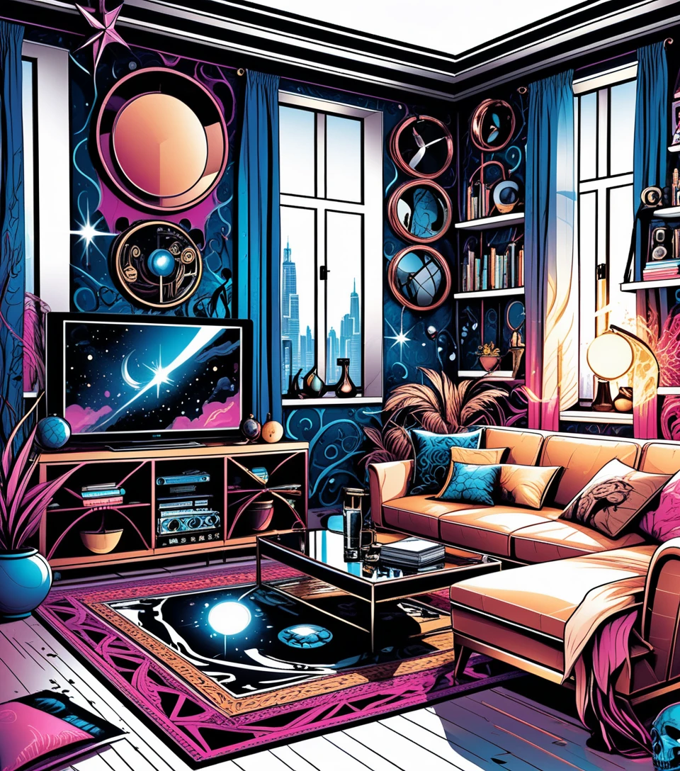 Intérieur 3D éclectique et sombre avec déco de sorcière