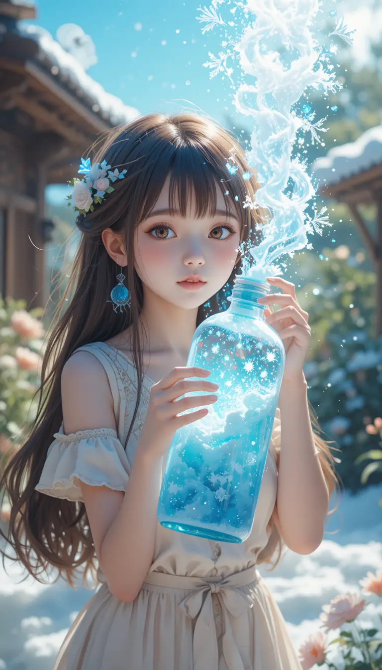 Anime girl cooling herself with a magical winter bottle