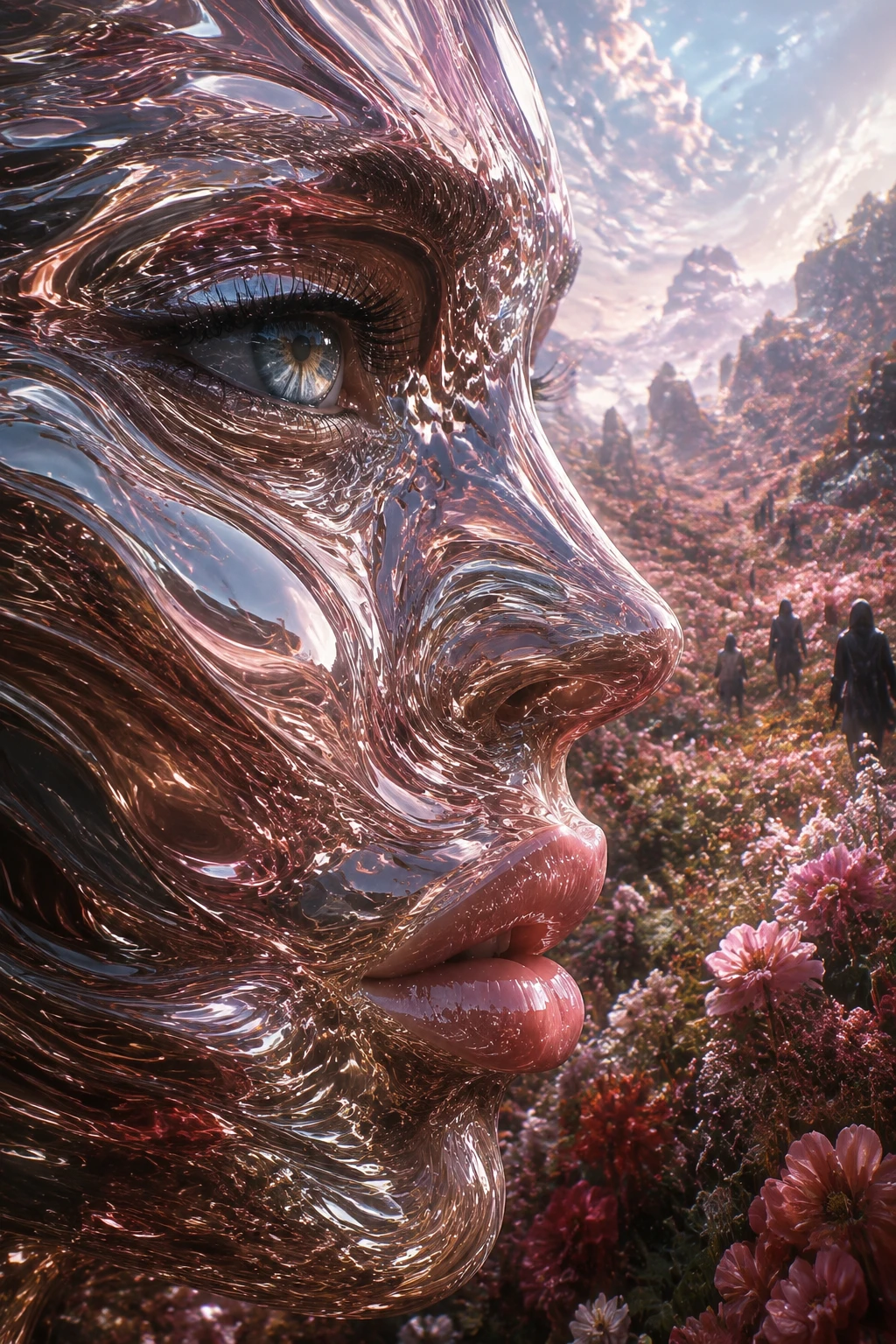 花叢中與遠處人影並列的超現實鍍鉻女性面孔