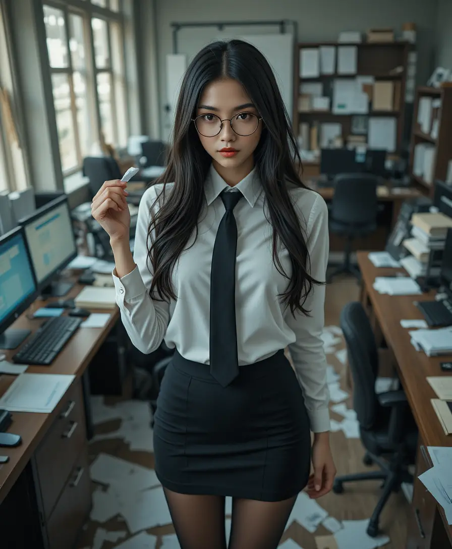 戴眼鏡的女子站在緊張混亂的辦公室裡