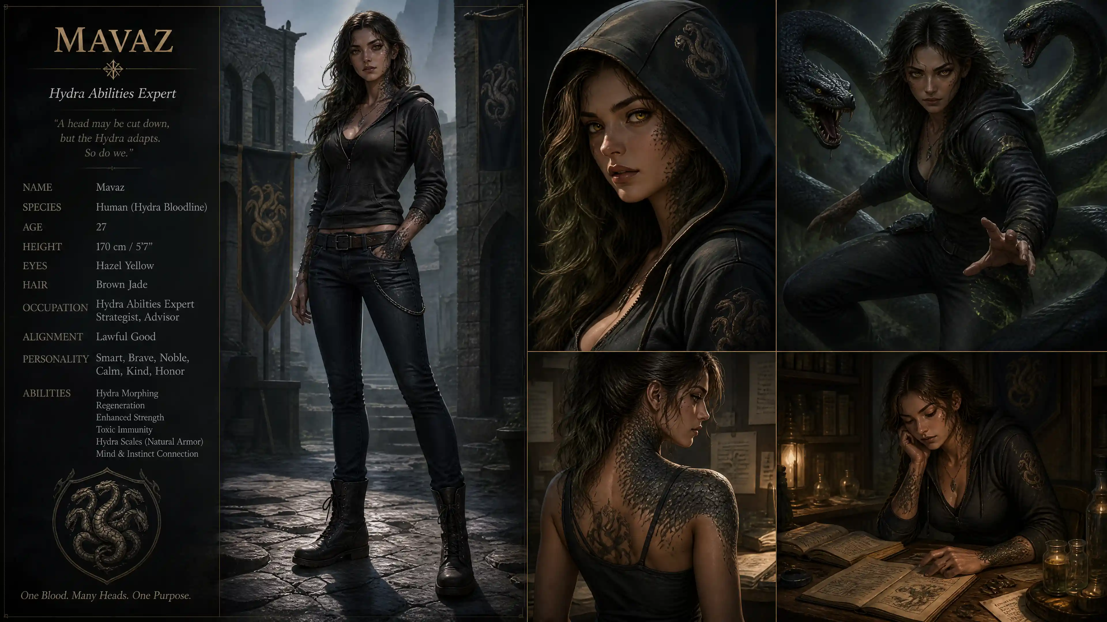 Calm fantasy woman with hydra scales in casual clothes
