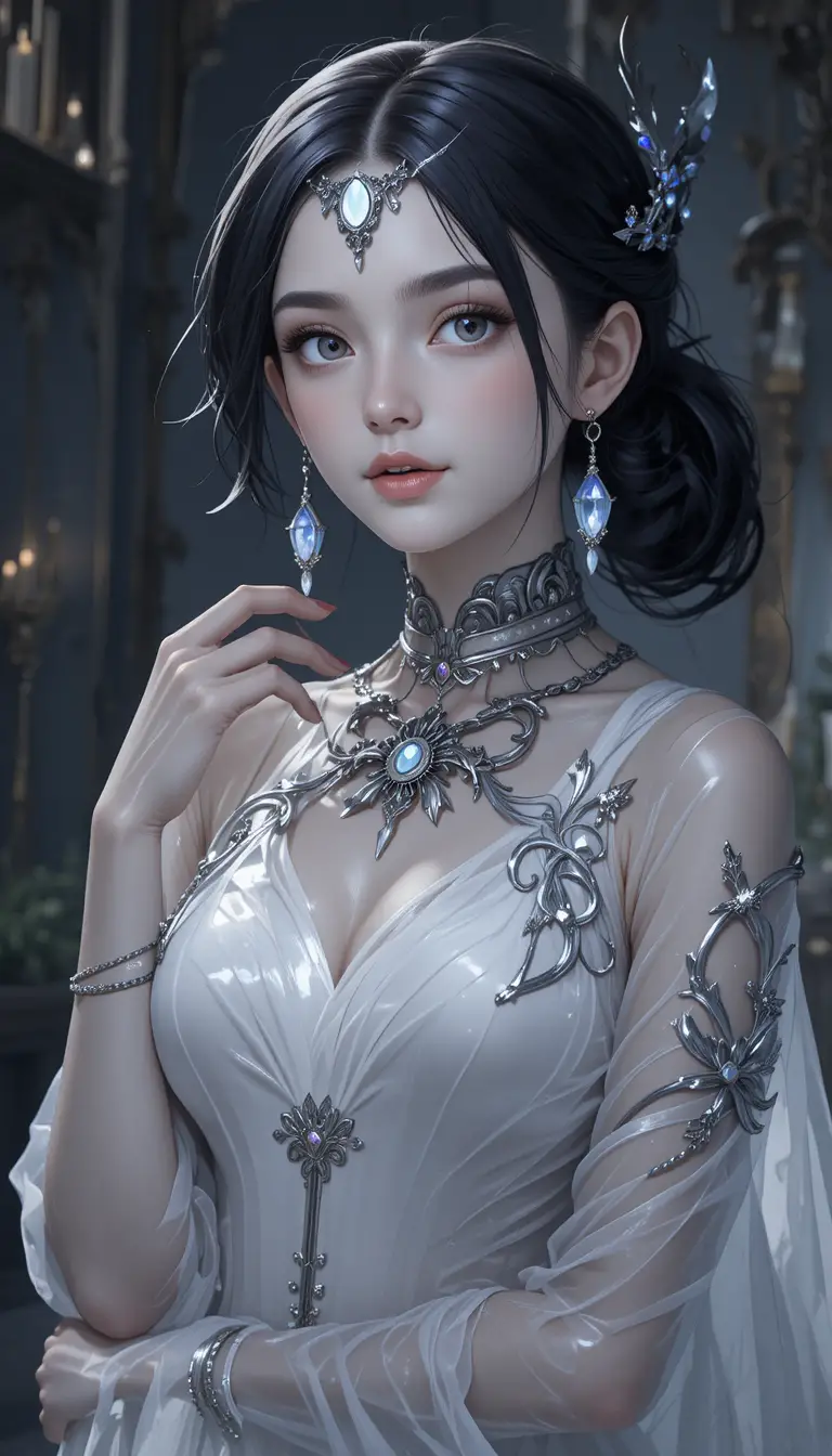戴銀色王冠與刺青的優雅動漫幽靈少女