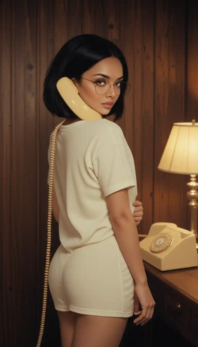 Latina woman with rotary phone in nostalgic bedroom scene