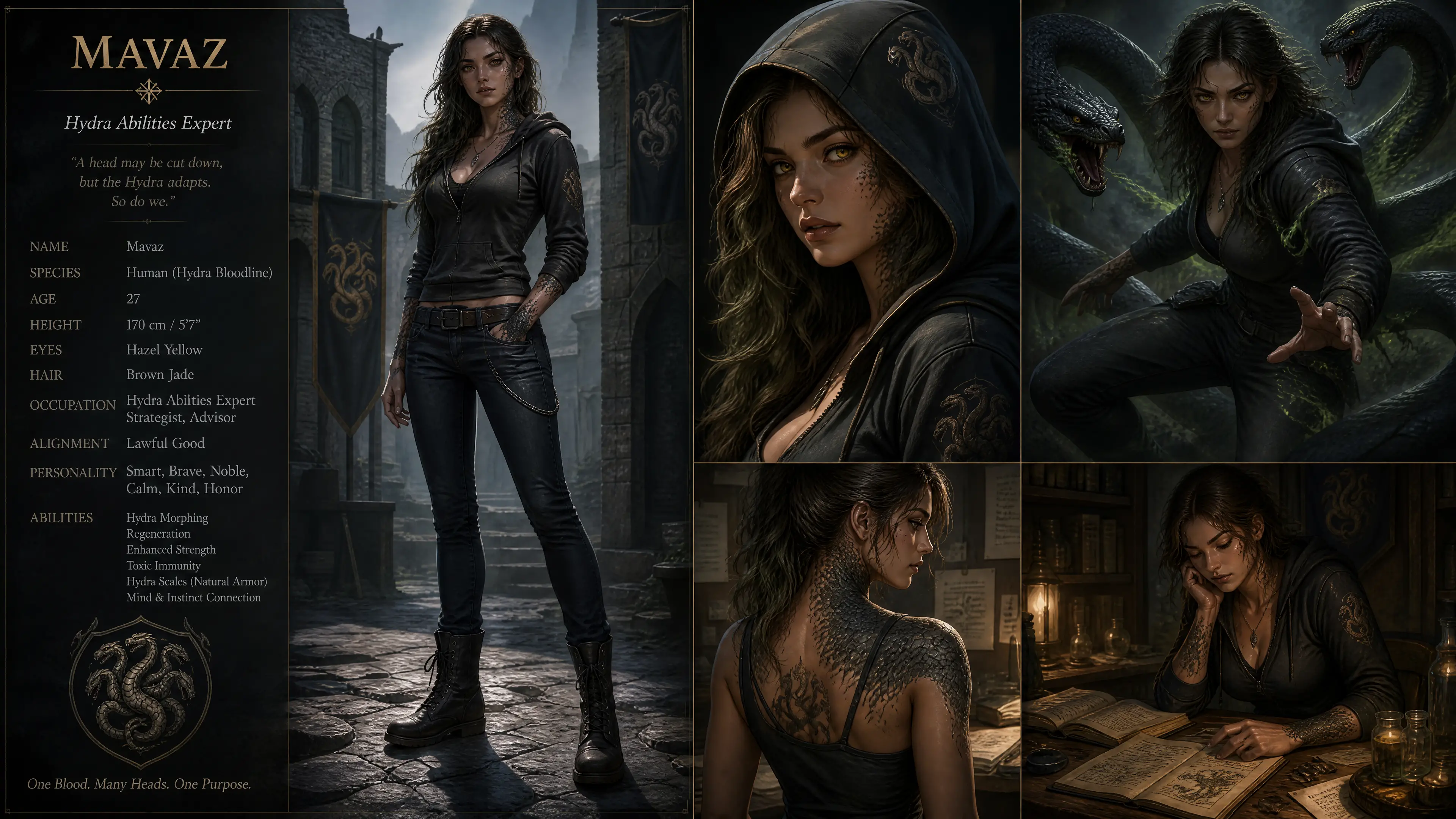 Calm fantasy woman with hydra scales in casual clothes