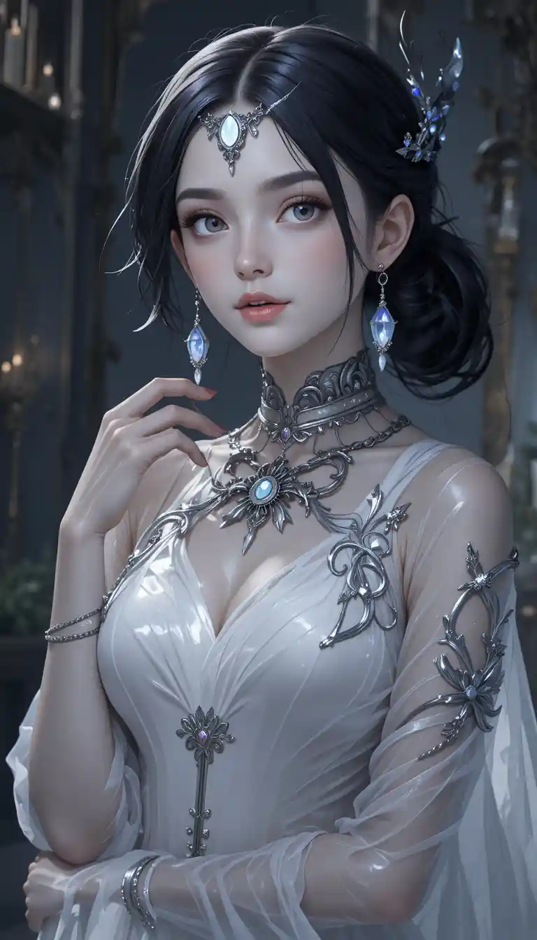Élégante fille fantôme d’anime avec couronne d’argent et tatouages
