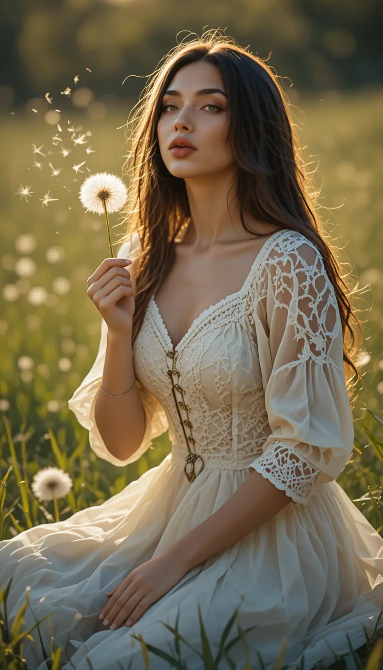 Junge Frau, die Pusteblumensamen in einer sonnigen Wiese verweht